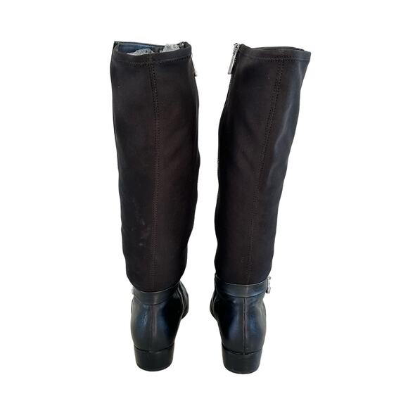 Michael Kors Knee High Riding Boots Size 8.5 Black Leather Stretch Metal Charm - Picture 3 of 11